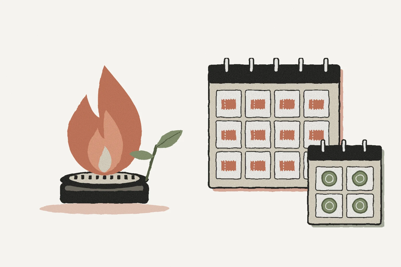Illustration: a gas flame on a burner with a small green sprout, beside a twelve-month calendar with a coupon on every month and a second calendar with a coin on every month.