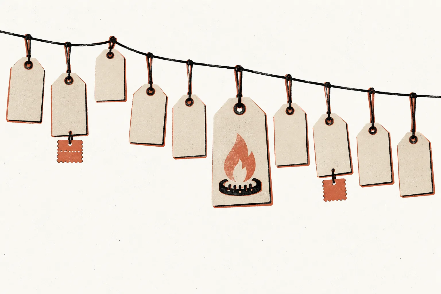 Illustration: a row of blank paper price tags on a string, two with small coupon stubs, one stamped with a gas flame.
